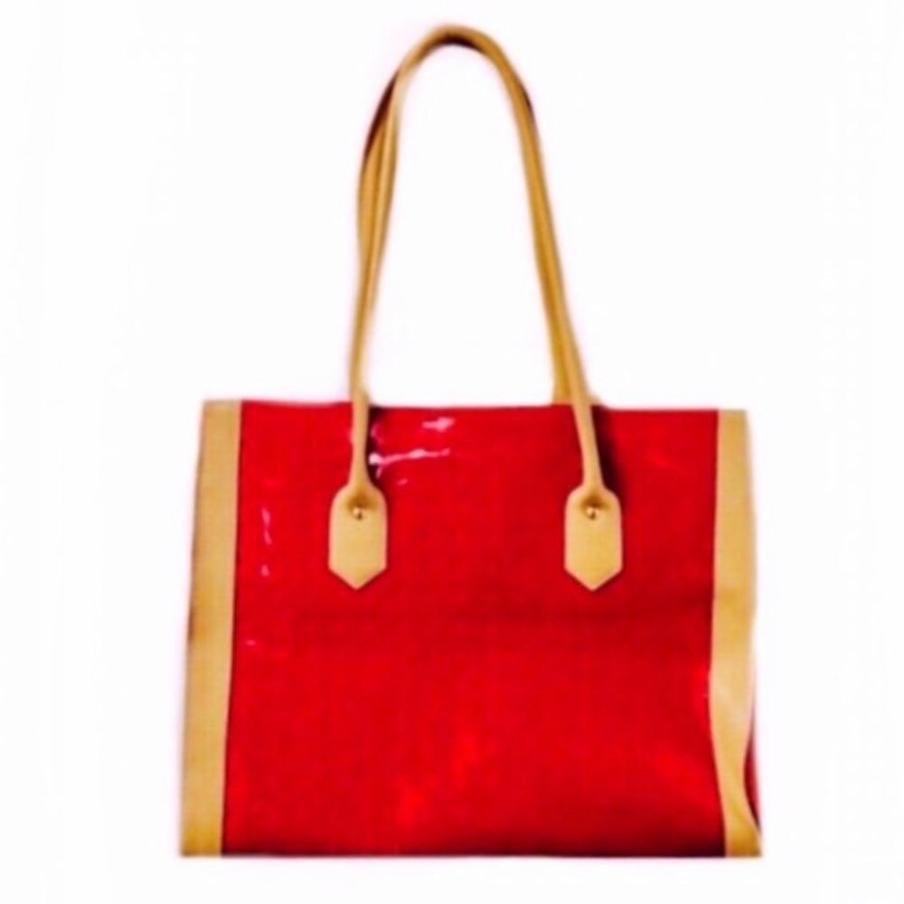 NEW ARCADIA ITALY 100% LEATHER BAG PATENT RED OVERSIZED SHOPPER BAG PURSE